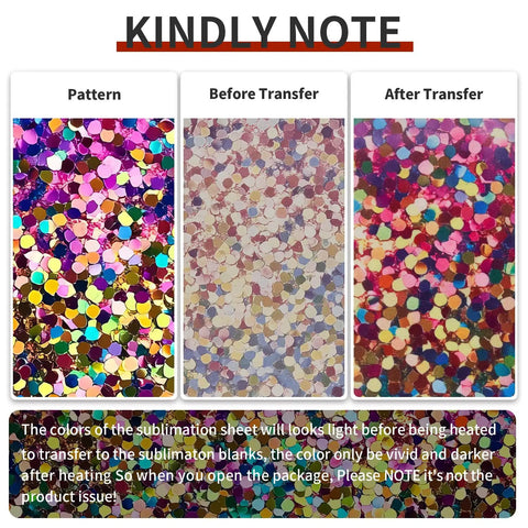 Holographic Sparkle Sublimation Transfer Paper Bundle For Cricut Mug Press Pre Inked 12x12 Inch Sheets Before and After Transfer View