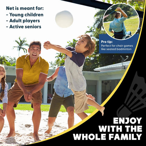 Family playing with Portable 14 Foot Multi Sport Net For Badminton, Pickleball, Tennis And Soccer Tennis, outdoor setting