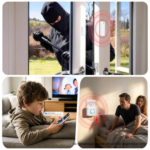 WiFi Door Sensor Chime For Smart Home Open Alert And Window Sensor Real Time App Alerts From Tuya Smart Life Perfect For Child Safety And Dementia Care Loud Chime With Five Volume Levels For Home Or Biz showing door alarm use