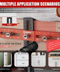 Effortlessly align cabinet hardware with a precision adjustable jig that supports multiple hole spacings, showing scale and drill guide