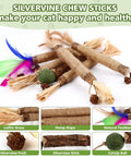 Silvervine chew sticks with natural feathers and sisal rope, part of 27 Pack Catnip Chew Toys For Cats With Cotton Sisal Rope And Natural Silvervine Sticks, Dental Care And Teeth Cleaning, Interactive Indoor Cat Toy Set To Battle Boredom And Promote Playful Grooming.