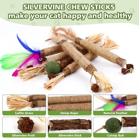 Silvervine chew sticks with natural feathers and sisal rope, part of 27 Pack Catnip Chew Toys For Cats With Cotton Sisal Rope And Natural Silvervine Sticks, Dental Care And Teeth Cleaning, Interactive Indoor Cat Toy Set To Battle Boredom And Promote Playful Grooming.