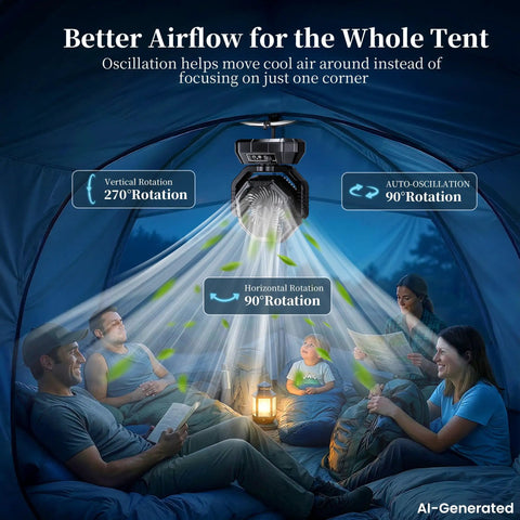Portable Camping Fan With Light And Remote, Oscillating Battery Powered Tent Fan inside tent with family