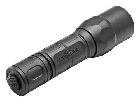 Rugged Tactical LED Flashlight Delivering 600 Lumens Single Output With Click Switch Tailcap For Momentary Or Constant On Tough Reliable Everyday Carry For Outdoor And Pro Use In Black, shown at an angle focusing on the switch.