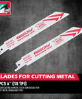Two 6-inch metal-cutting reciprocating saw blades, 18 TPI, white with red print.