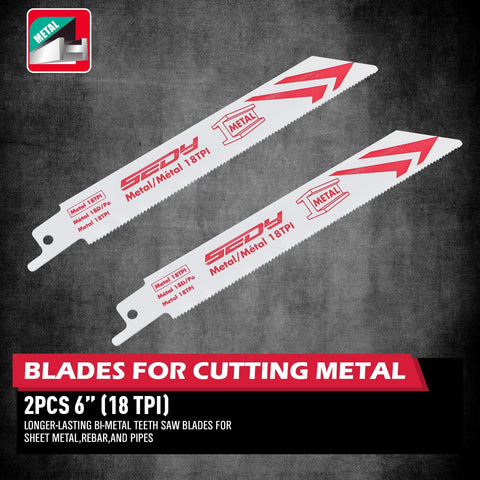 Two 6-inch metal-cutting reciprocating saw blades, 18 TPI, white with red print.