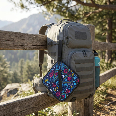 Backpack with floral-patterned Silver Enhanced Pee Cloth For Women Hiking On The Go Travel Urinal Alternative Reusable Absorbent Cloth.