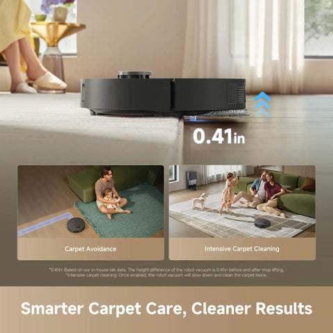 Beast Mode Vacuum Robot And Mop With 25000Pa Vormax Suction auto-empty base carpet cleaning in living room setup