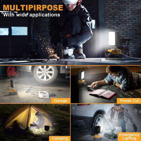 Cordless LED Work Light 11200 Lumens 112W Underhood Compatible With Dewalt 20V Battery showing multipurpose applications