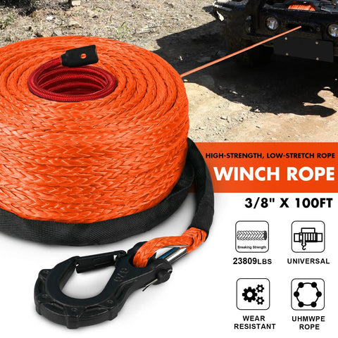 3/8 Inch Synthetic Winch Rope 100 Ft Dyneema Heavy Duty Cable With Protective Sleeve And Forged Hook 23809 Lbs Breaking Strength Built For 4WD Off Road Trucks SUVs Orange coiled with hook