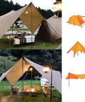 Outdoor setup with Tarp Poles Set Of 4 8.37 Ft Telescoping Aluminum Poles supporting canopies in a campsite with lanterns and chairs.