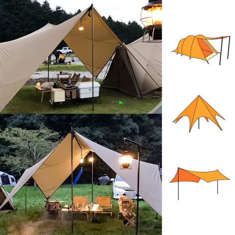 Outdoor setup with Tarp Poles Set Of 4 8.37 Ft Telescoping Aluminum Poles supporting canopies in a campsite with lanterns and chairs.