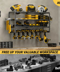 4 Layer Power Tool Organizer Wall Mount With Charging Station 32 Inch Cordless Drill Rack Battery Tools Holder Shelf For Garage Workshop Pegboard Shed Built Tough Durable 8 Slots, installed on wall with tools and drills.