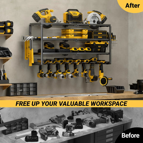4 Layer Power Tool Organizer Wall Mount With Charging Station 32 Inch Cordless Drill Rack Battery Tools Holder Shelf For Garage Workshop Pegboard Shed Built Tough Durable 8 Slots, installed on wall with tools and drills.