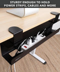 Under Desk Cable Management Tray Clamp-On No-Drill Metal Organizer for cords and wires on a desk with power strip setup
