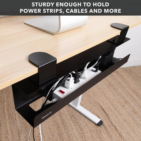 Under Desk Cable Management Tray Clamp-On No-Drill Metal Organizer for cords and wires on a desk with power strip setup