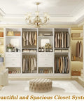 100 Inch Walk In Closet System With Deep Drawers And Sleek Mirror Panels, Wooden Wardrobe Organizer with clothing and shelves.