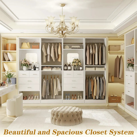 100 Inch Walk In Closet System With Deep Drawers And Sleek Mirror Panels, Wooden Wardrobe Organizer with clothing and shelves.