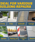 Image showing various repair areas like driveway, patio, sidewalk, garage, garden, parking lot, construction site, and basement for Heavy Duty Concrete Crack Filler Seals Cracks Fast, Waterproof Cement Repair for Driveways, Patios, Floors, Walkways, Tile and Indoors And Outdoors, Pro Grade Flexible Grey 4.4 Lb 70 Oz.