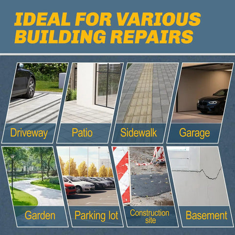 Image showing various repair areas like driveway, patio, sidewalk, garage, garden, parking lot, construction site, and basement for Heavy Duty Concrete Crack Filler Seals Cracks Fast, Waterproof Cement Repair for Driveways, Patios, Floors, Walkways, Tile and Indoors And Outdoors, Pro Grade Flexible Grey 4.4 Lb 70 Oz.