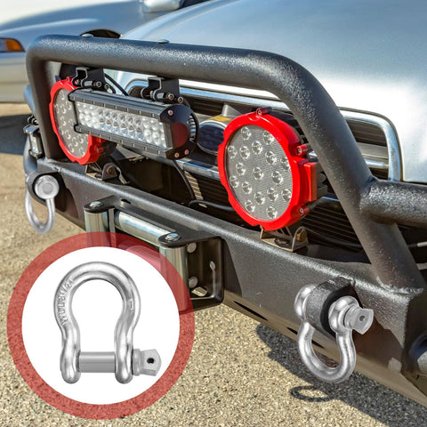 Front view of vehicle with 4 Pack 1 Inch D Ring Shackles Bow Shackle With One And One Eighth Screw Pin Beefy Heavy Duty Tow Rigging on bumper