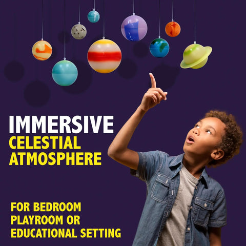 Child admiring 3D Solar System Glow In The Dark Ceiling Hanging Kit with planets in a classroom setting for STEM education.
