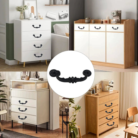 Collage showcasing 2 Pack Drop Bail Cabinet Handles 7.4 Inch Length With 5.9 Inch Center Hole Spacing Vintage Zinc Alloy Swing Drawer Pulls Rustic Black Finish used on furniture.
