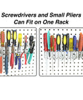 Two Pack Pegboard Screwdriver And Pliers Holder on pegboard, holding multiple screwdrivers and pliers in a garage setup.