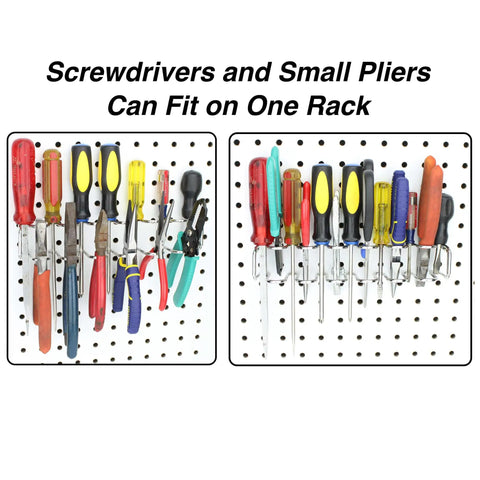 Two Pack Pegboard Screwdriver And Pliers Holder on pegboard, holding multiple screwdrivers and pliers in a garage setup.