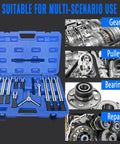 6 In 1 Gear Puller Set With 13 Pieces Including 2 Jaw And 3 Jaw Bearing Puller Kit in blue case next to images of gears, pulleys, bearings.