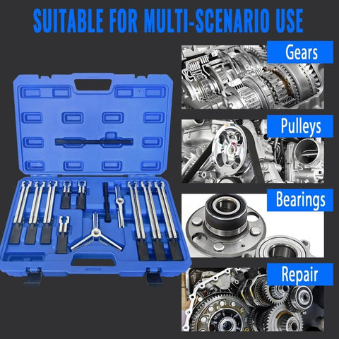 6 In 1 Gear Puller Set With 13 Pieces Including 2 Jaw And 3 Jaw Bearing Puller Kit in blue case next to images of gears, pulleys, bearings.