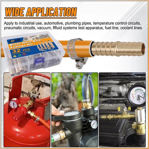 Brass Hose Barb Fittings Kit With 32 Pieces And 46 Pipe Clamps For Water Fuel And Air Lines Splicer Mender Set in use, showing applications.