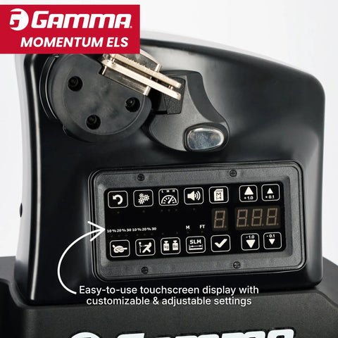 Momentum ELS 6PT Electronic Racquet Stringing Machine with touchscreen and rotational tensioner, diecast aluminum base.