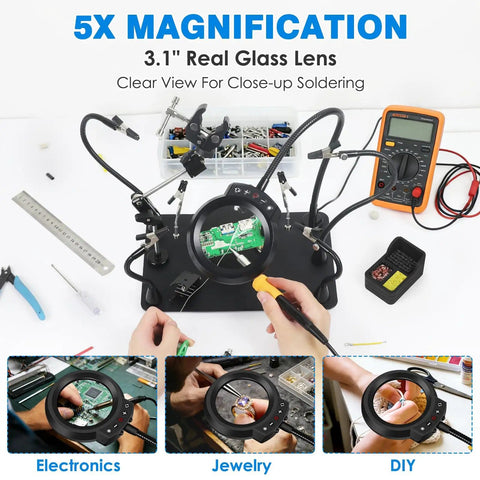 Magnetic Helping Hands Soldering Station With 5X LED Magnifying Lamp 6 Flexible Arms 360 Degree Soldering Clamp Heavy Duty Base