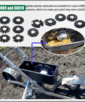 Seed Plate Set 60009 and 60010 for Garden Seeder, 12 Pack displayed with seeder and seed plates on soil