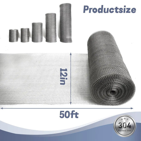 12 Inch By 50 Foot Stainless Steel Wire Mesh Roll For Rodents Mice 304 Stainless Rust Resistant Flexible Knitted Double Layer Mesh For Pest Prevention Heavy Duty Durable Easy To Cut And Install, 12in x 50ft roll