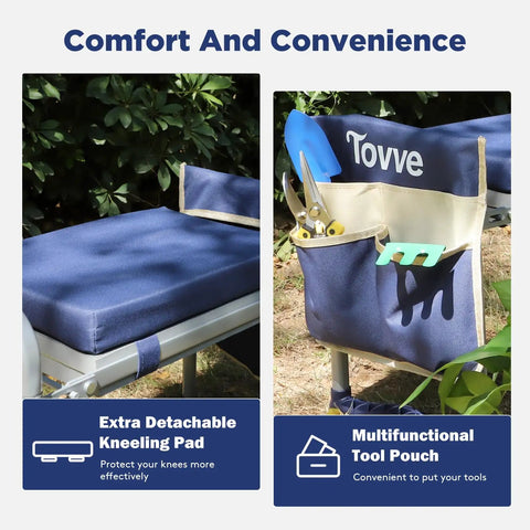 Foldable Garden Kneeler And Seat 2 In 1 Heavy Duty Bench With 10 Inch Wide Detachable Kneeling Pad Portable Garden Stool With Large Tool Bag Ideal Gift For Women Seniors And Moms showing detachable kneeling pad and tool pouch