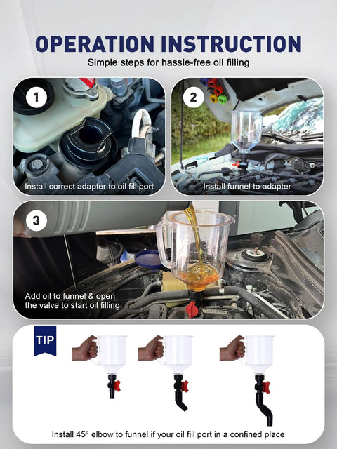 Operation instructions for Engine Oil Funnel Kit With Spill Proof Design And Flow Control Valve for mess free oil changes.