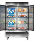 54 Inch Heavy Duty Commercial Freezer 49 Cubic Feet Reach In Upright Cooler with two solid doors and stainless steel interior.