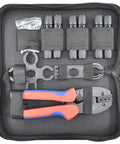 Open carry bag showing Solar Cable Crimping Tool Kit With 6 Pairs Solar Panel Connectors, spanners, and crimper neatly stored.