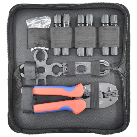 Open carry bag showing Solar Cable Crimping Tool Kit With 6 Pairs Solar Panel Connectors, spanners, and crimper neatly stored.