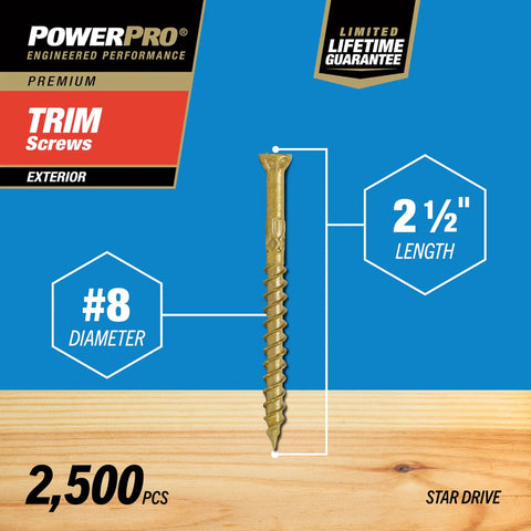 Beefy Exterior Wood Screws Set For Decking And Outdoor Projects, Size Eight By Two And A Half Inch, displayed against wood.