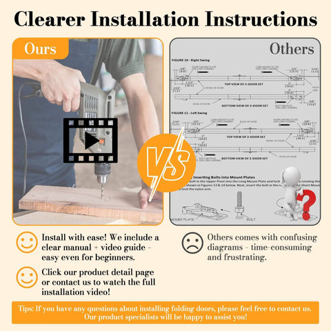 Comparison of easy installation instructions with video guide for bifold closet doors versus confusing diagrams.