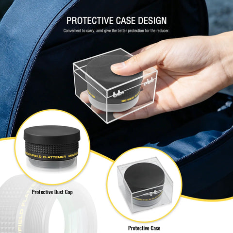 Hand holding F Six Point Three Reducer Corrector For C Series Telescopes And Celestron SCTs Shrinks Focal Length By Thirty Seven Percent Boosts Field Of View And Delivers Focal Reduction And Field Correction For Wider Sharper Astro Shots in a protective case