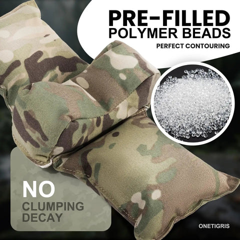 Pre Filled Shooting Rest Sand Bag for Front and Rear Gun Range Support with polymer beads and camo design.
