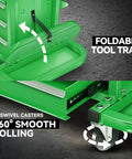 Rolling Mechanic Seat With 3 Drawers And Tool Tray 350 Lbs Capacity Green Heavy Duty Metal Frame Padded Cushion For Home Garage Auto Shop On Wheels With Locking Casters And Durable Steel Construction For Long Lasting Use, foldable tool tray and swivel caster detail