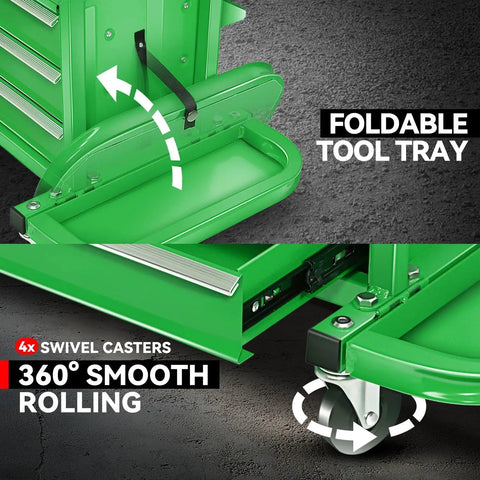 Rolling Mechanic Seat With 3 Drawers And Tool Tray 350 Lbs Capacity Green Heavy Duty Metal Frame Padded Cushion For Home Garage Auto Shop On Wheels With Locking Casters And Durable Steel Construction For Long Lasting Use, foldable tool tray and swivel caster detail