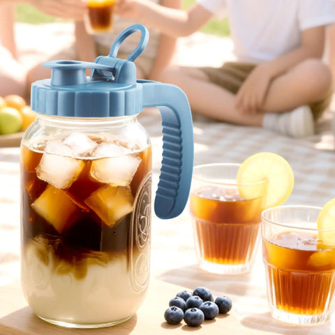 Two Pack 64 Oz Wide Mouth Pitchers With Stainless Steel Filters for cold brew coffee at picnic with fruits