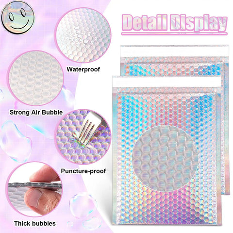 Detail view of 50 Pack Holographic Bubble Mailers Self Seal Waterproof Poly Padded Envelopes highlighting bubble texture and durability.