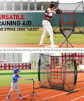 7x7 Ft Baseball And Softball Hitting And Pitching Net With Strike Zone Tee Ball Caddy and durable 7 ply knotless netting heavy duty steel base.